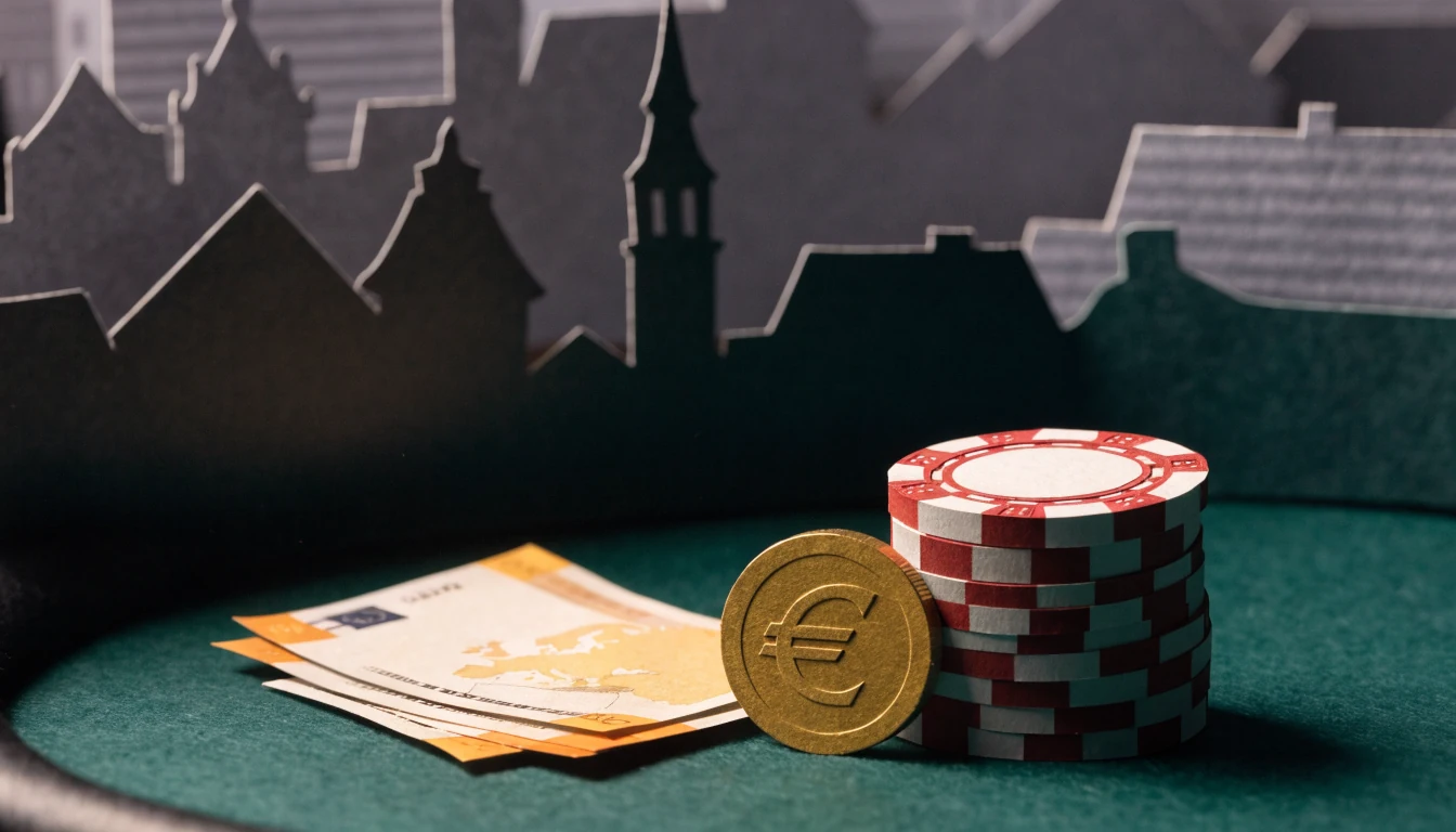 Euro-Banknoten, Casino-Chips und eine goldene Euromünze auf grünem Filz