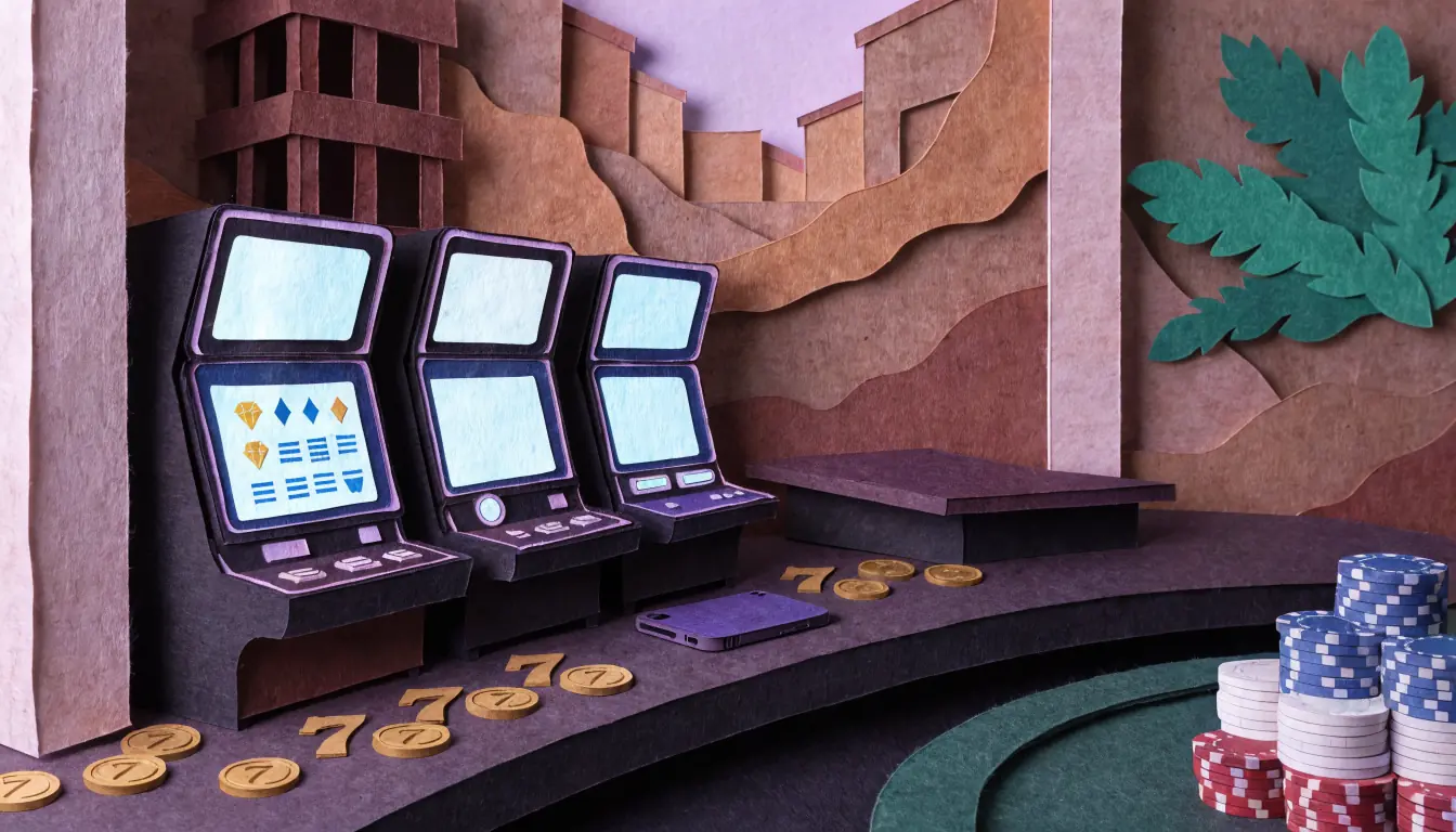 Online-Casino-Lobby mit Spielautomaten, Münzen und Casino-Chips