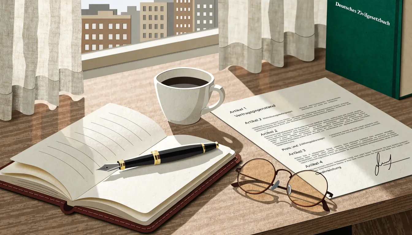 Schreibtisch mit Notizbuch, Vertragstext und Lesebrille in einem deutschen Büro