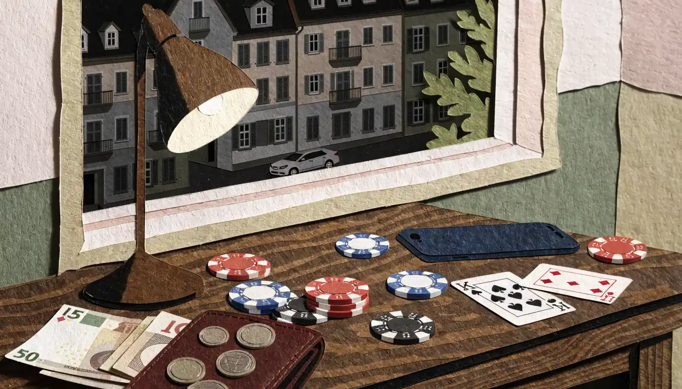 Casino-Chips, Spielkarten und ein gefülltes Portemonnaie auf einem Tisch