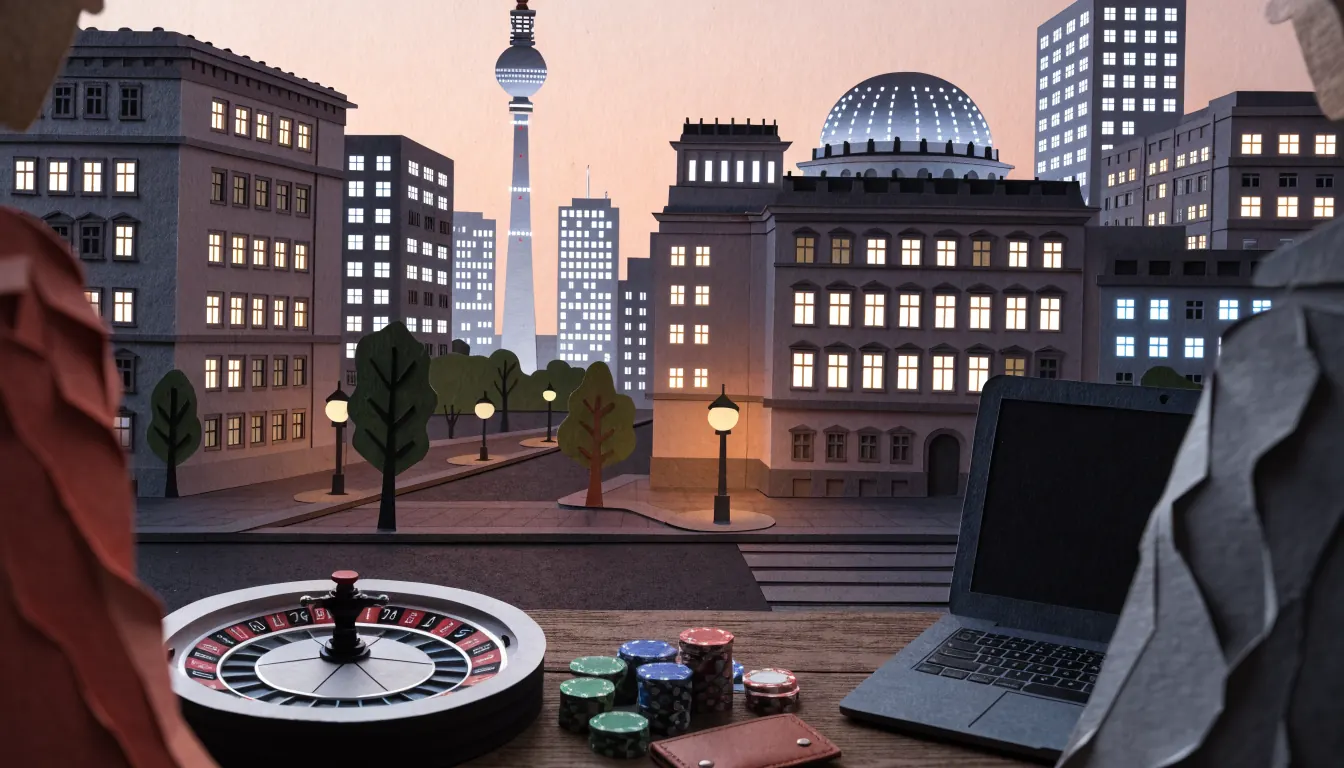 Abendliche Berliner Skyline mit Roulette und Jetons auf einem Tisch im Vordergrund