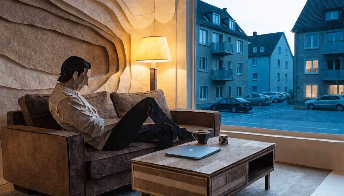 Entspannter Mann mit geschlossenem Laptop und Casino-Chips im deutschen Wohnzimmer bei Abendlicht.