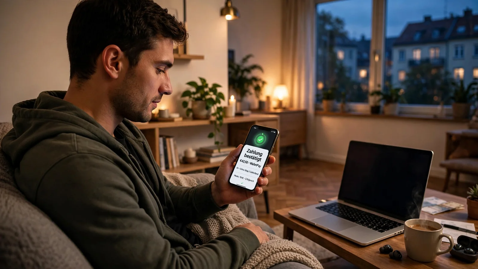 Mann bestätigt Google Pay Einzahlung mit Smartphone auf dem Sofa