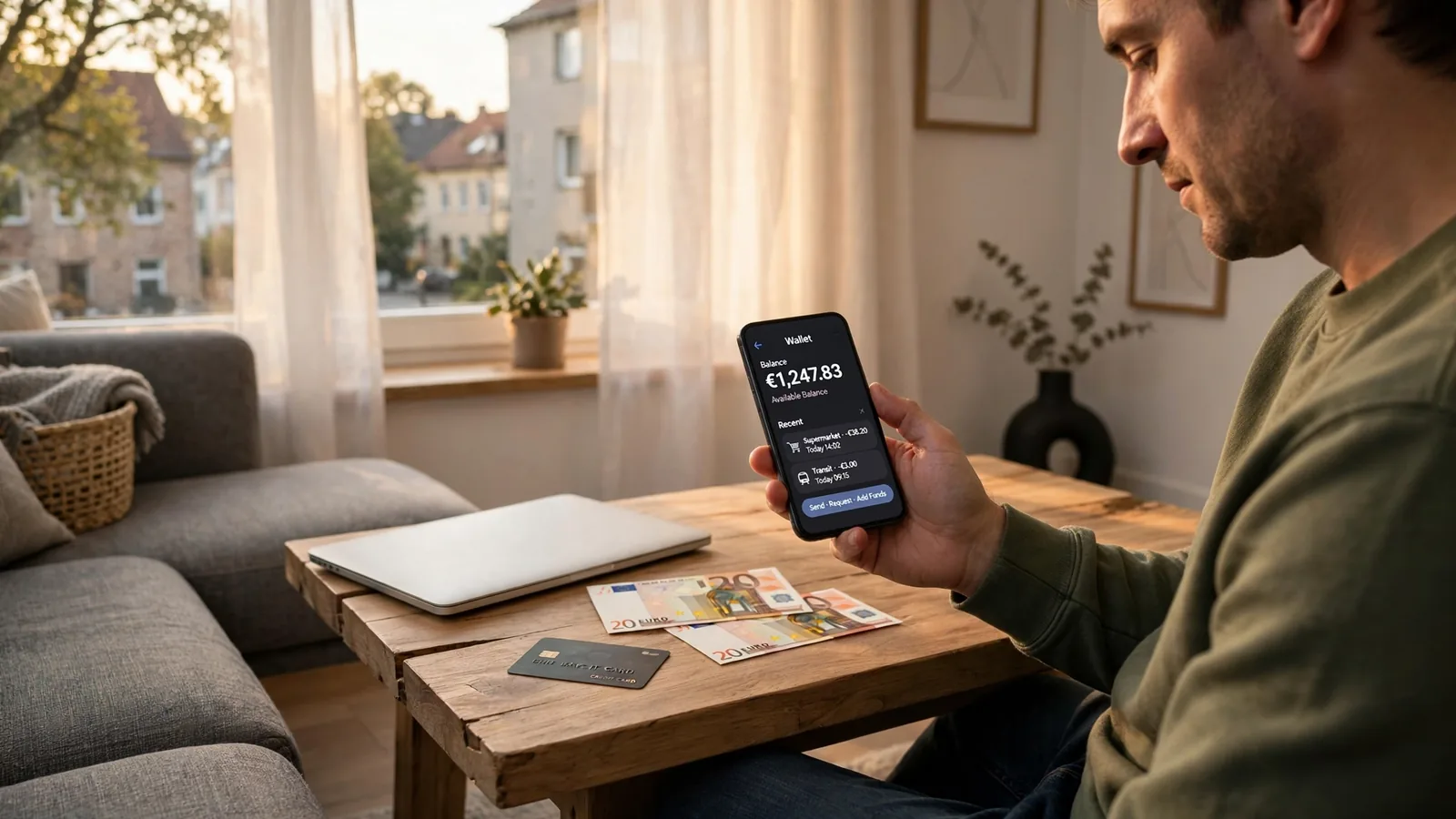 Person prüft MuchBetter Wallet auf dem Smartphone mit Euro-Geld auf dem Tisch.