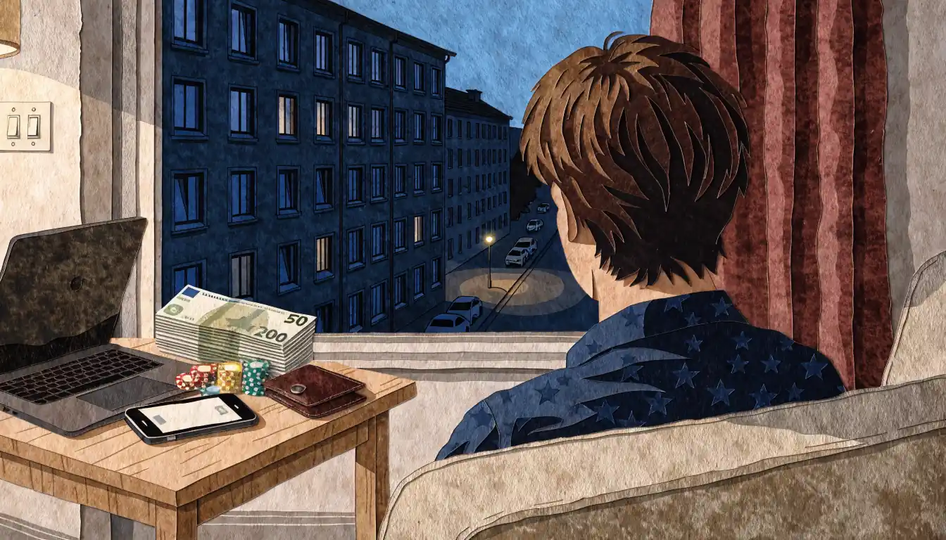 Abendlicher Wohnraum mit Smartphone, Laptop und Euro-Geld auf dem Tisch.