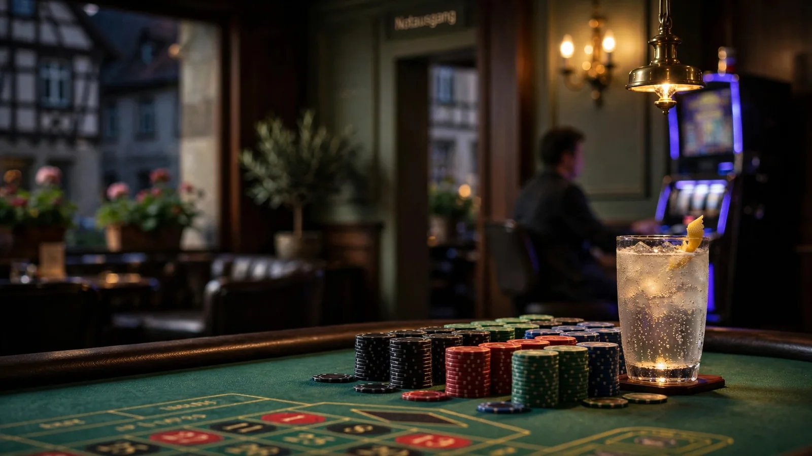 Stimmungsvolles Casino-Interieur mit Roulette-Tisch, Spielchips und entspannter Atmosphäre