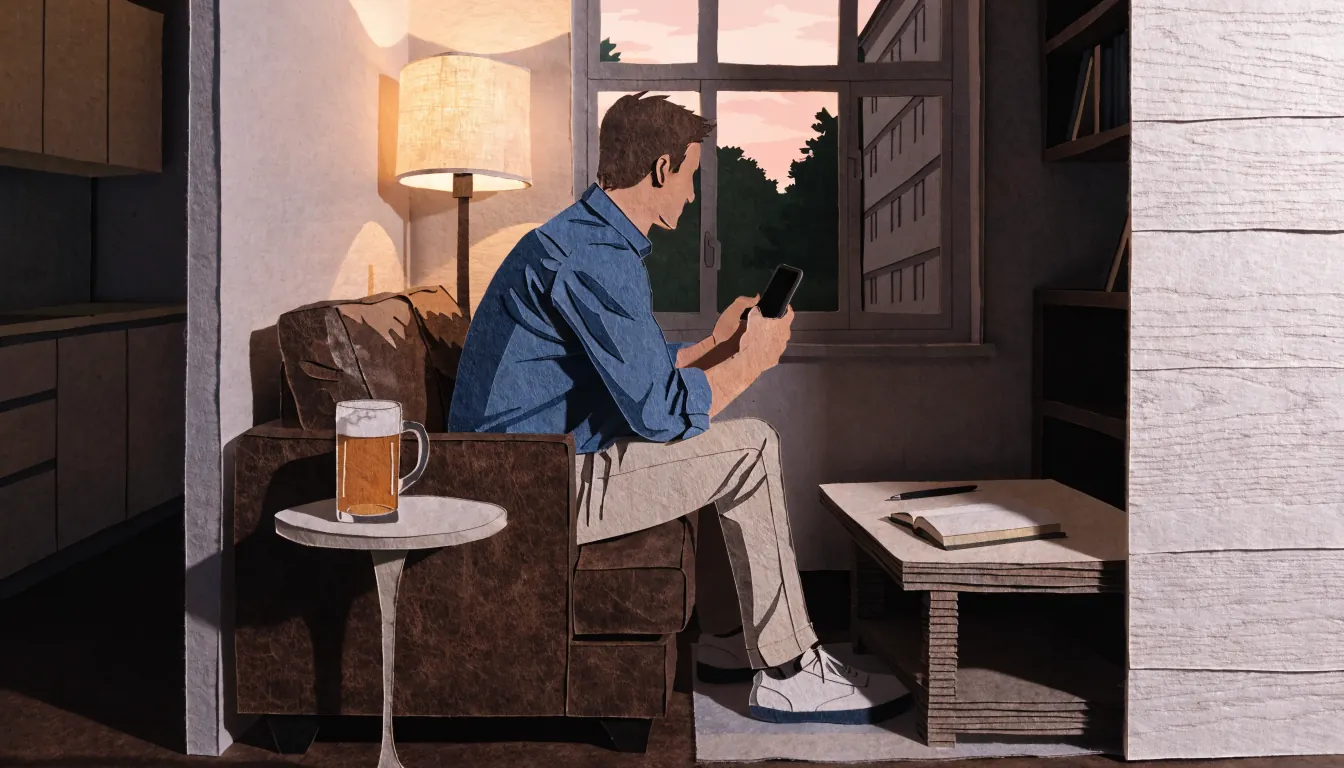 Mann auf Sofa mit Smartphone in modernem deutschen Wohnzimmer.