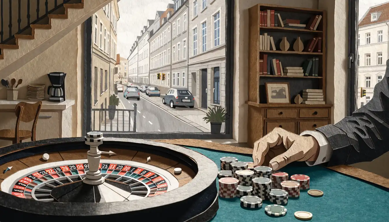 Casino-Chips und Roulette-Rad auf grünem Filz mit Euromünzen