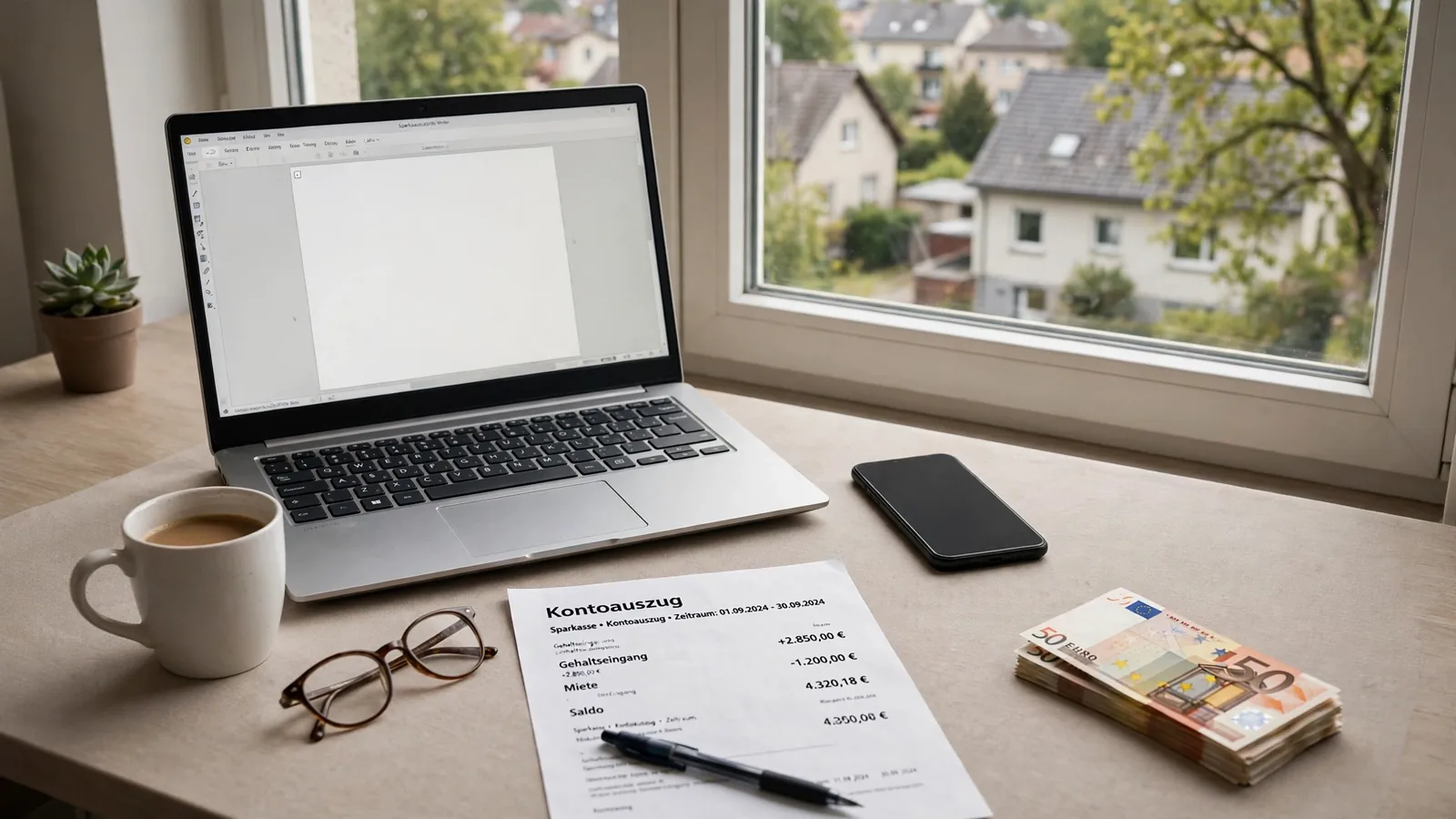 Schreibtisch mit Laptop, Kontoauszug, Euro-Scheinen und Kaffeetasse bei Tageslicht.