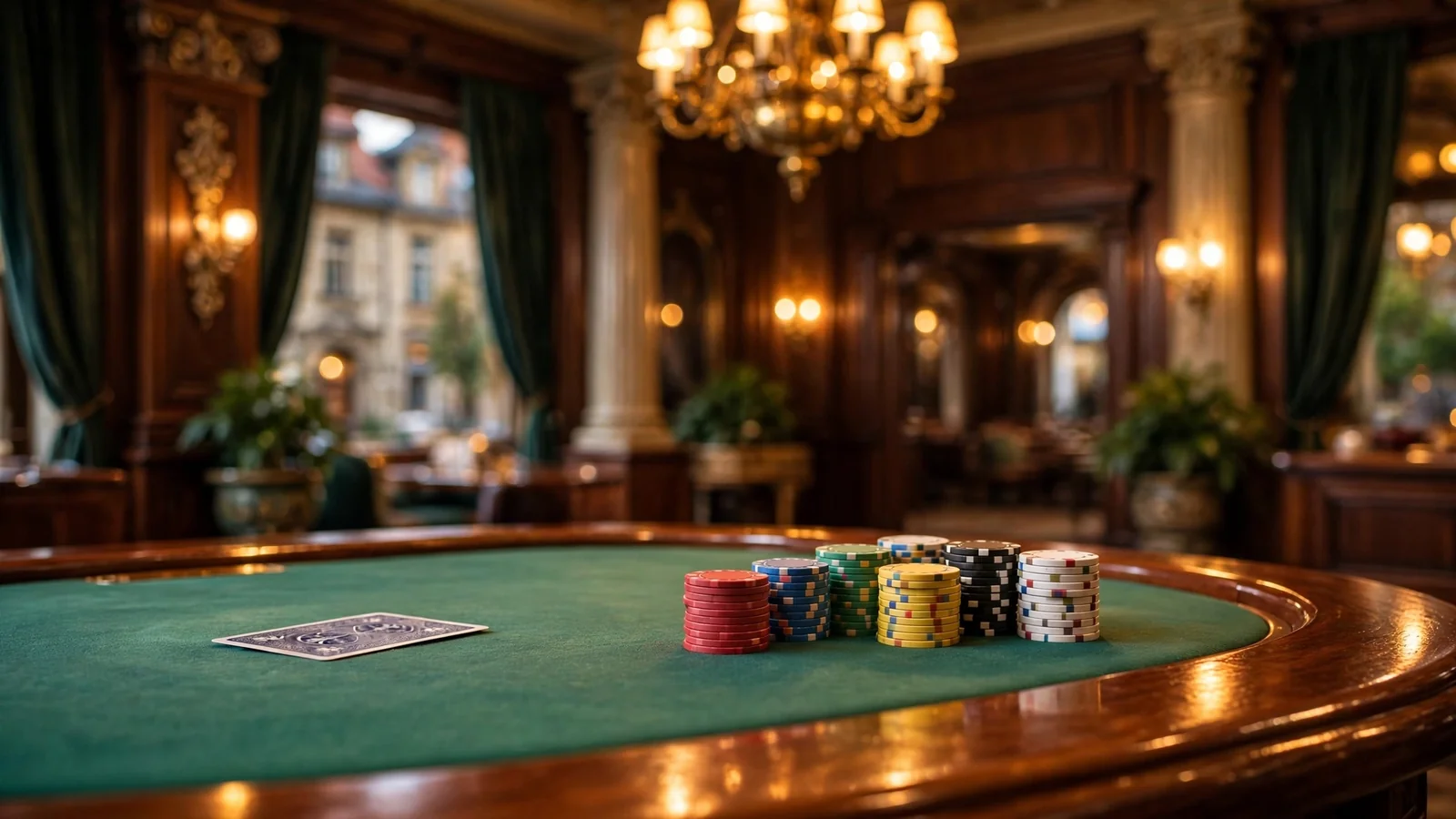 Casino-Tisch mit gestapelten Chips und Spielkarten in elegantem deutschen Spielsaal