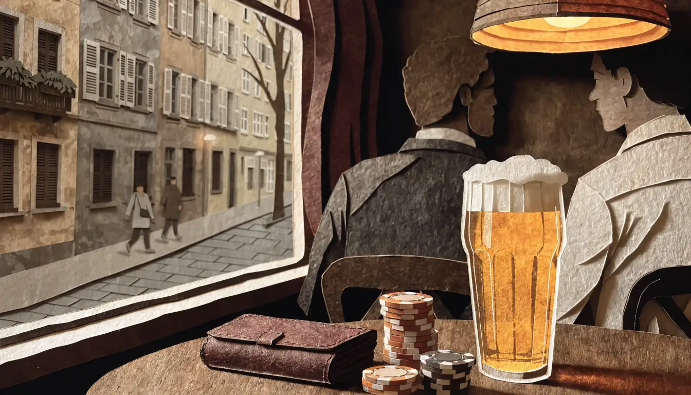 Stapel Spielchips auf einem Holztisch in einer deutschen Berliner Kneipe abends