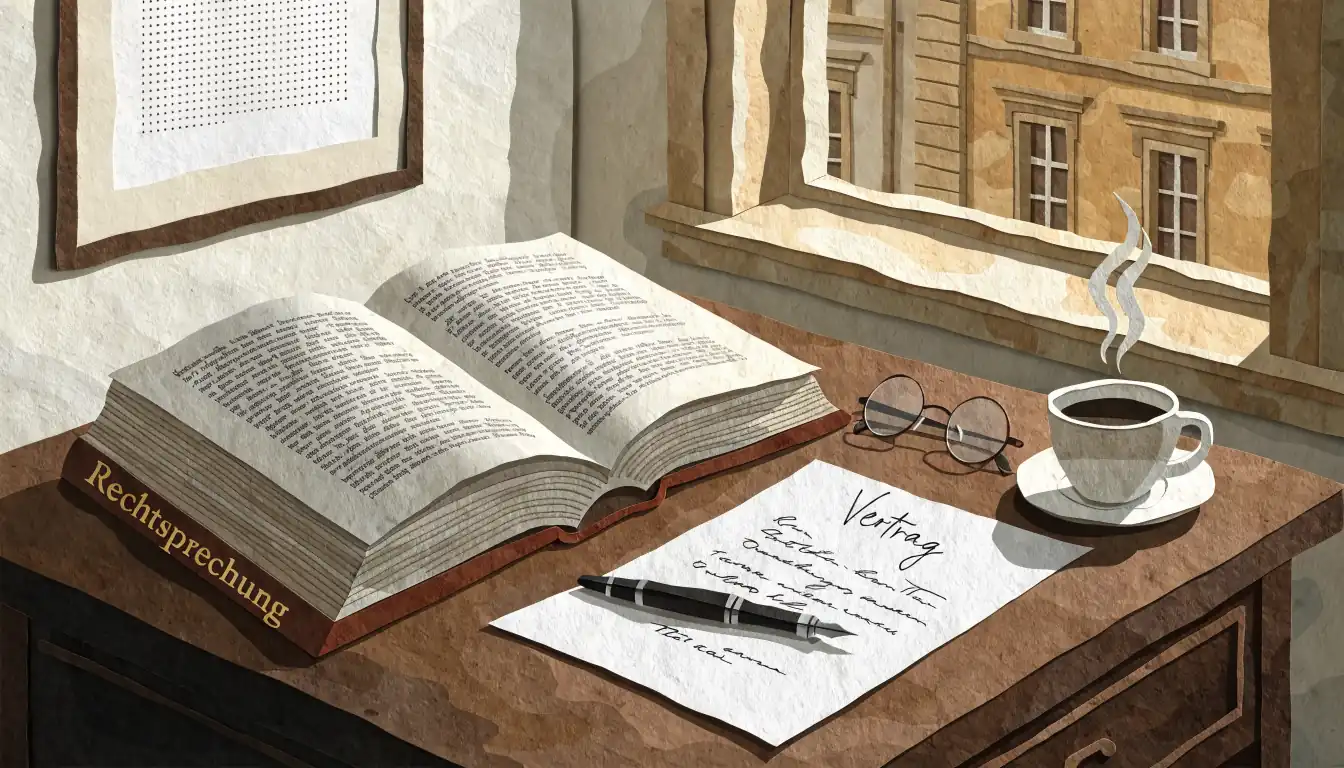 Schreibtisch mit juristischem Buch, Vertrag und Brille bei Tageslicht