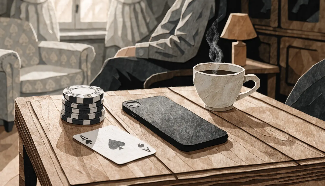 Smartphone mit Casino-Chips auf einem Tisch in einem deutschen Wohnzimmer