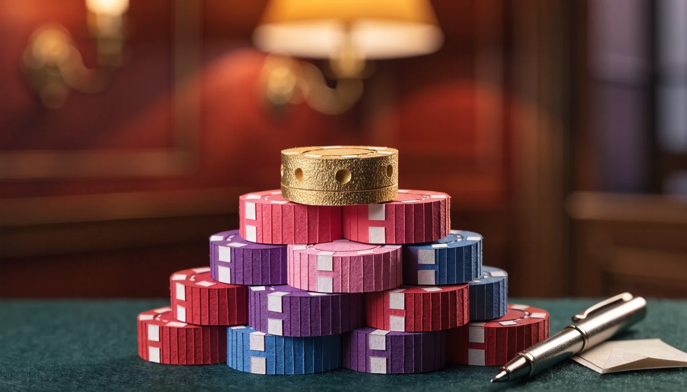 Gestapelte Casino-Chips auf grünem Filz mit goldenem Chip an der Spitze in warmem Lampenlicht