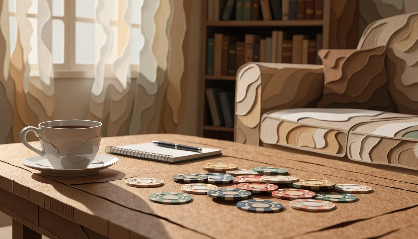 Casino-Chips und Notizbuch auf einem Holztisch im deutschen Wohnzimmer