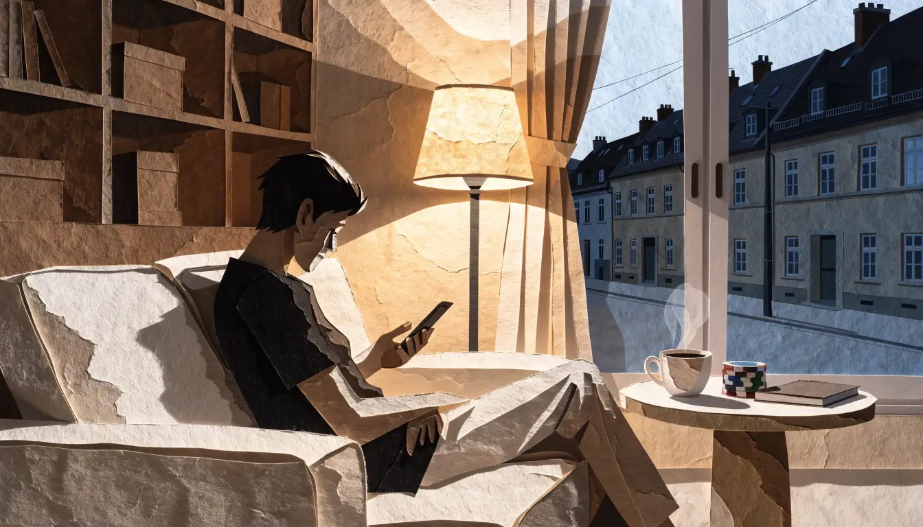 Person im Wohnzimmer mit Smartphone, Spielchips und Kaffee bei gedämpftem Licht