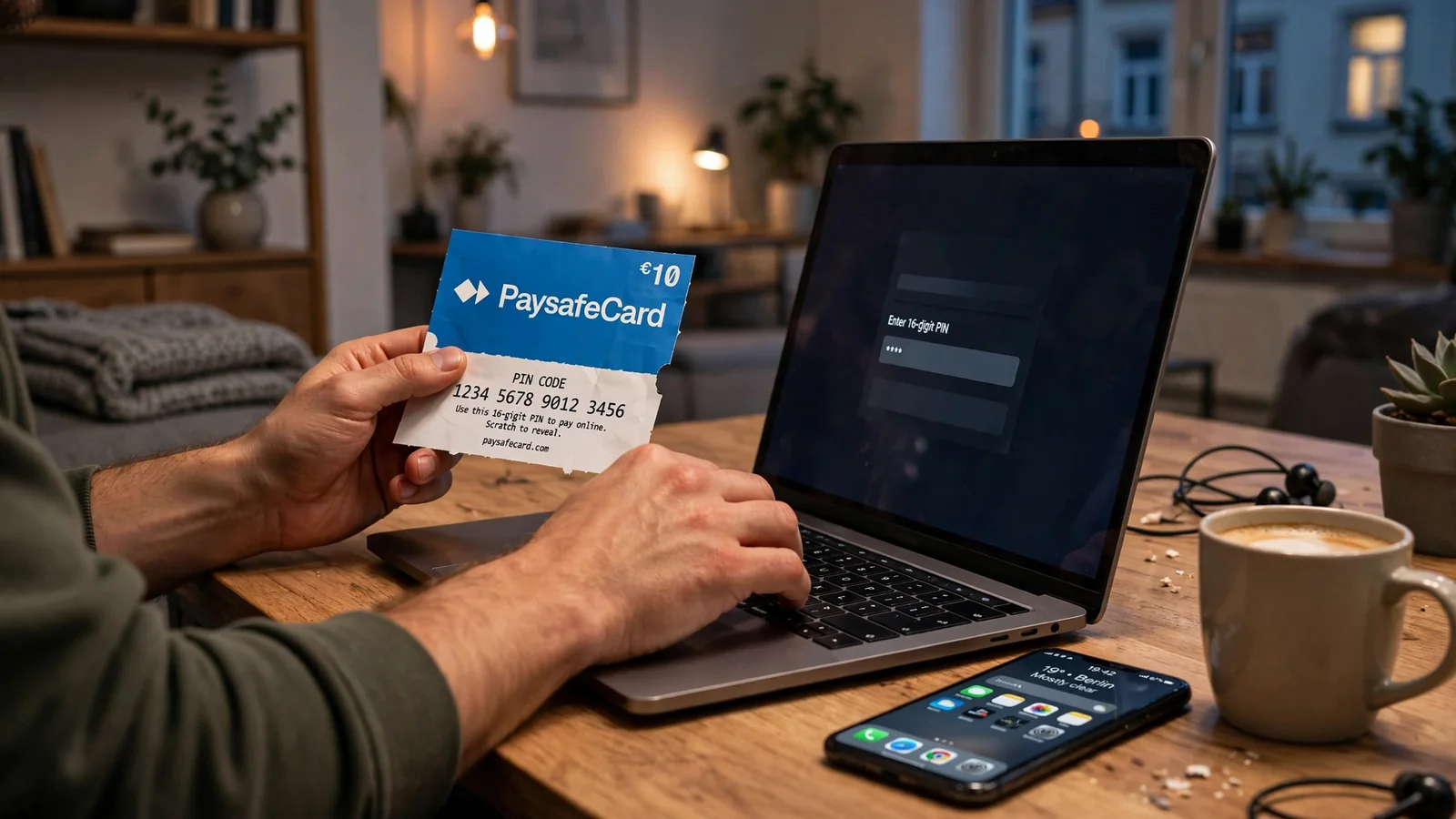 Hände geben einen Paysafecard-Code am Laptop ein, Smartphone liegt daneben.