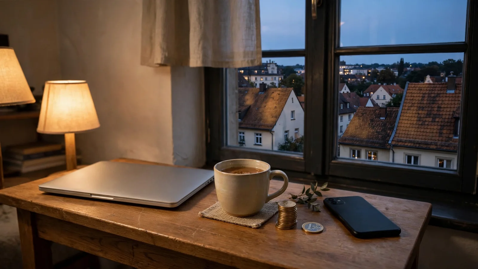 Abendlicher Wohnungstisch mit Laptop, Euromünzen und Blick auf deutsche Dächer