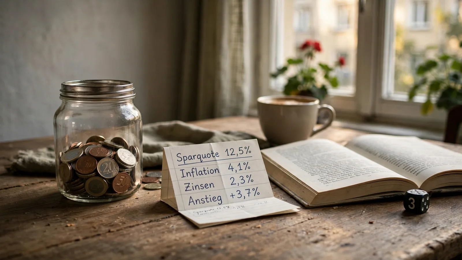 Münzglas, Würfel und Notizbuch auf einem Holztisch bei Tageslicht.