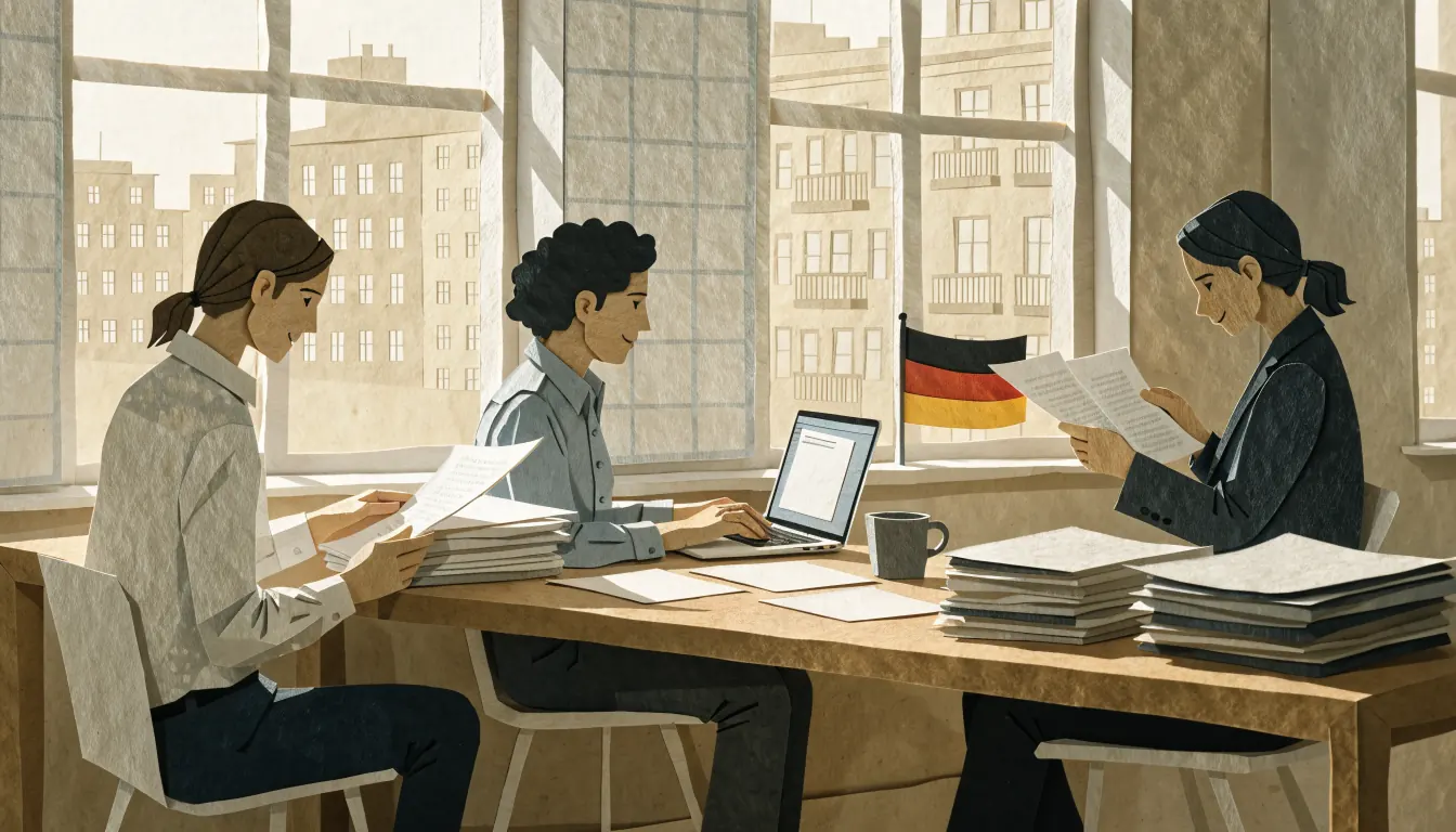 Redaktionsteam bei der Prüfung von Unterlagen in einem hellen deutschen Büro.