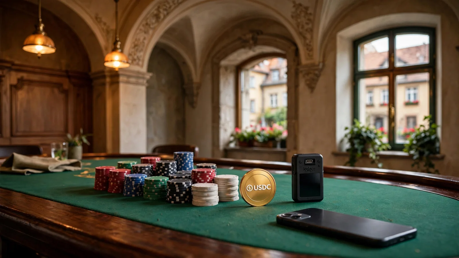 Casinotisch mit Spielchips, einer USDC-Münze und einer Hardware-Wallet unter warmem Kronleuchter.
