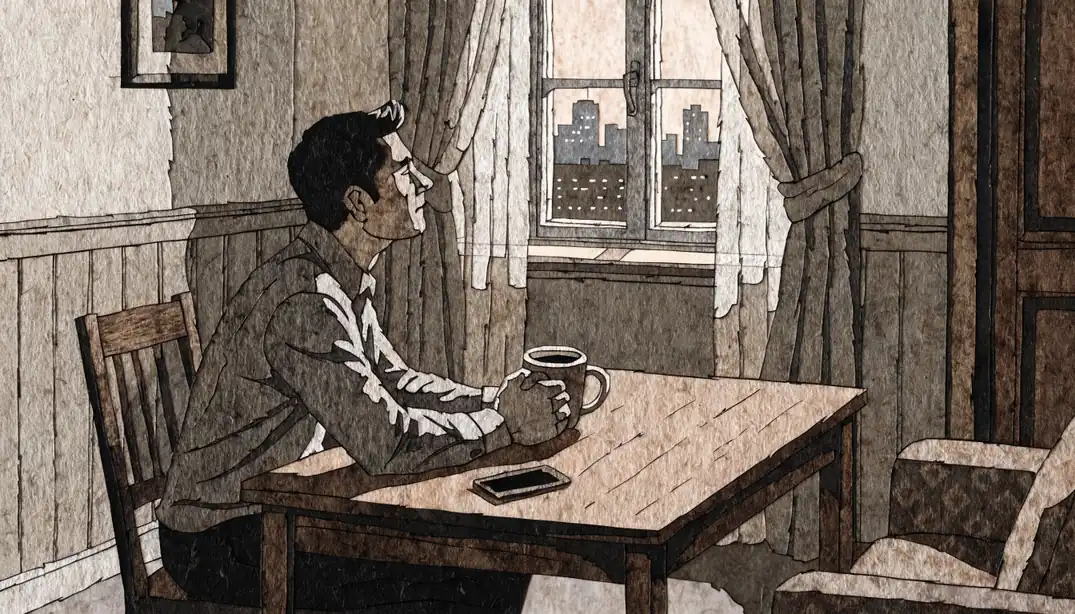 Nachdenklicher Mann mit Kaffeetasse bei gedämpftem Abendlicht in einer deutschen Wohnung